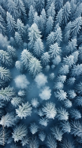 Overhead view of a dense pine forest during winter, covered in fresh snow.