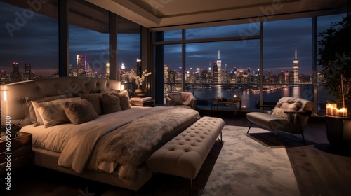 Master Bedroom with a Luxurious Upholstered Bed and Panoramic City Views. © ZUBI CREATIONS