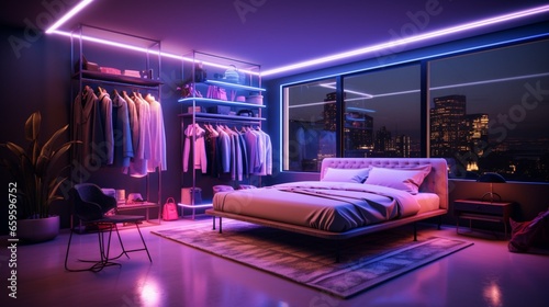 Modern Bedroom Interior Illuminated by Neon Lights at Night, featuring a Tidy Bed, Closet with Clothes, Armchairs, and Floor Lamp.
