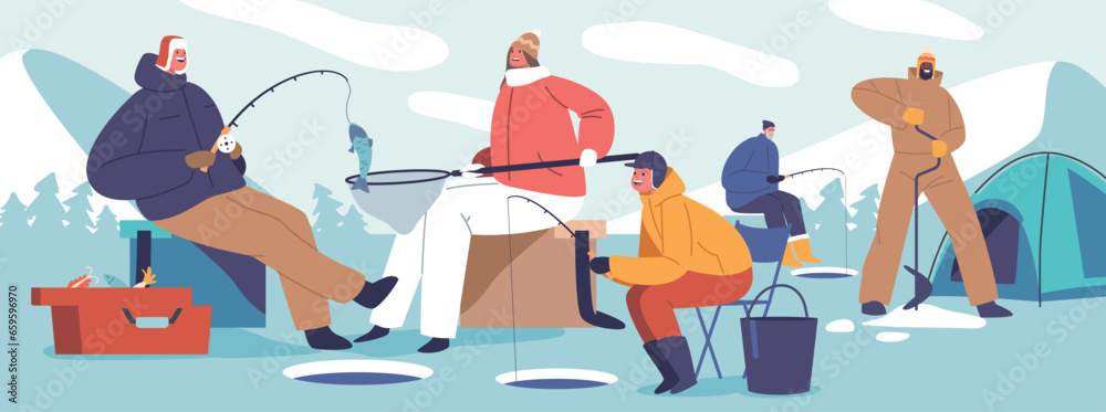 Family Characters Braving The Winter Cold, Huddled Around A Frozen Lake, Creating Memories In The Chilly Season Family Characters Braving The Winter Cold, Huddled Around A Frozen Lake, Creating Memories In The Chilly Season