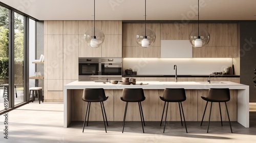 Modernize your kitchen with a waterfall edge island and chic pendant lights.