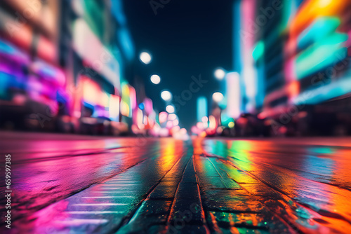 Blurred neon lights background. Neon city lights in motion blur style. Futuristic night backdrop.