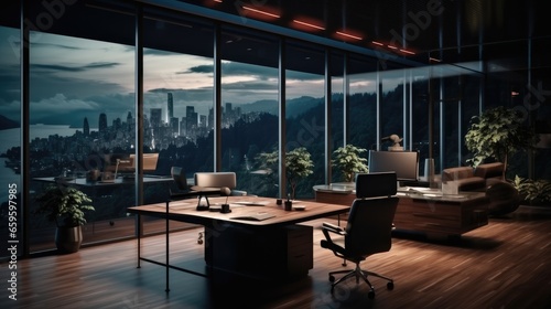Comfortable and refined office space in a modern building with a desktop computer.