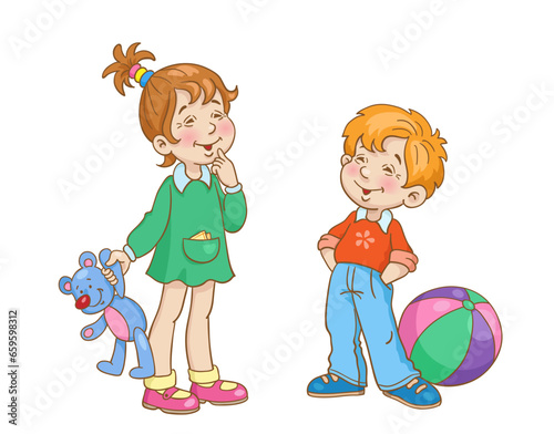Cute little girl with teddy bear and  funny boy with big ball are standing and talking. In cartoon style. Isolated on white background. Vector illustration.