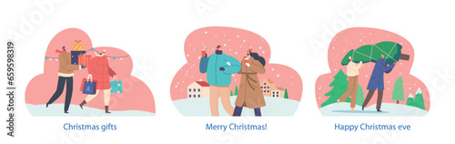 Isolated Elements with Loving Couple Characters Prepare for Christmas Holidays. Man and Woman Carrying Gifts, Pine Tree