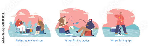 Isolated Elements with Characters Fishing On Frozen Lake. They Drill Holes, Cast Lines, Drink Tea And Patiently Await