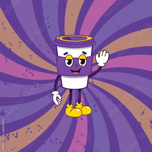 Vector retro poster with cartoon coffee mascot characters funny colorful characters in groovy style