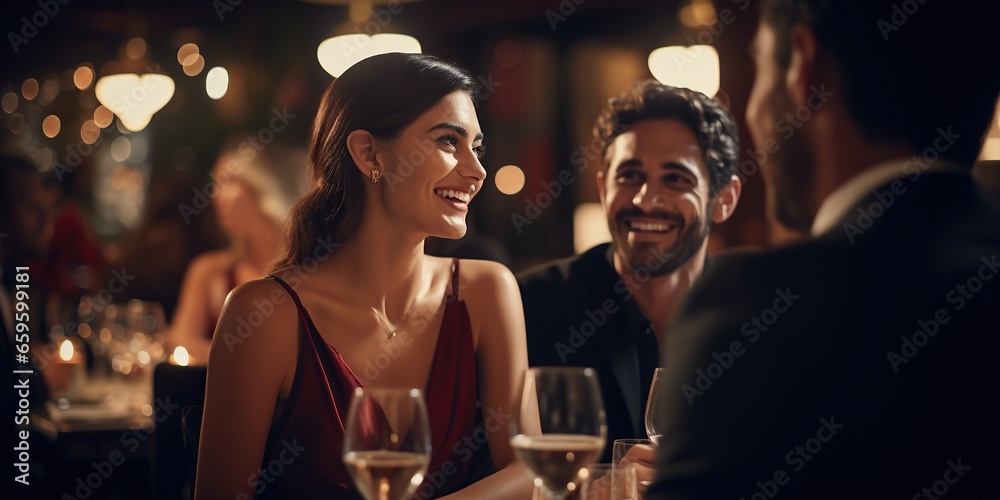 couple in restaurant, people having a glass of wine in fancy place - obrazy, fototapety, plakaty 