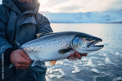 Salmon in fishermans hands in Alaskan wilderness. Generative Ai