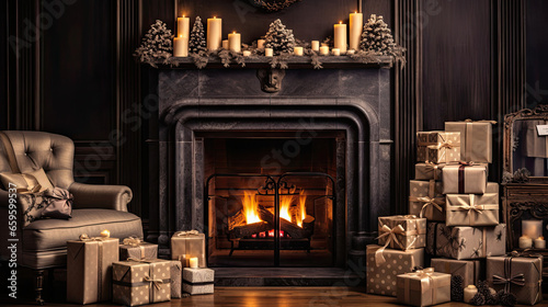 Cozy Gift Boxes by Roaring Fireplace