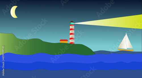 Fantasy illustration representing a lighthouse and a sailing boat, at night, suitable to be used as a desktop background.