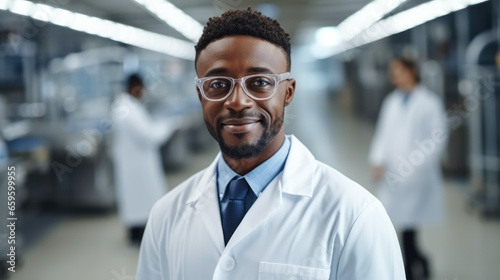 Black young man wearing lab coat working in workshop of pharmaceutical factory. photo
