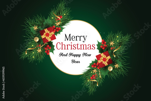 Realistic merry christmas day background with golden balls gift box and happy new year decorative celebration.