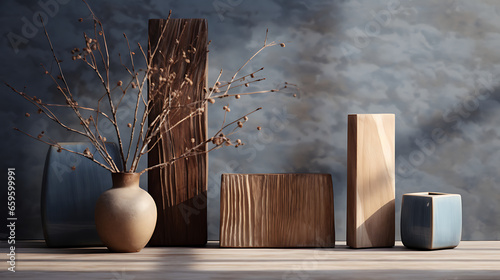 3 different pieces of wood and a vase, in the style of dark sky - blue and dark beige, light bronze and white, texture - rich surfaces, polished concrete, linear precision, pastoral charm, luminous qu