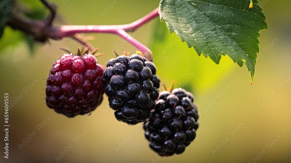 a close up of three berries on a branch with leaves. generative ai a close up of three berries on a branch with leaves. generative ai