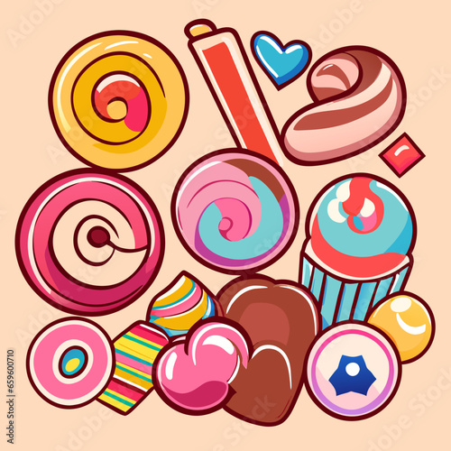 Vector illustration of sweet candies in doodle style. Colorful sweets background. Generative AI
