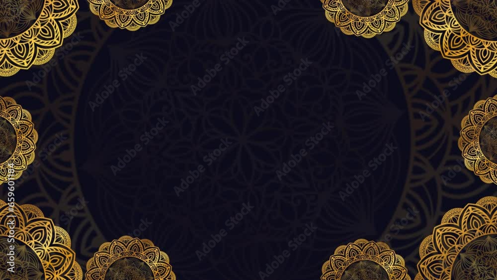 Gold and blue paper mandala ornament background looping smoothly, arabic islamic style for any purpose. Abstract digital gold color mandala footage. Floral vintage decorative element's oriental