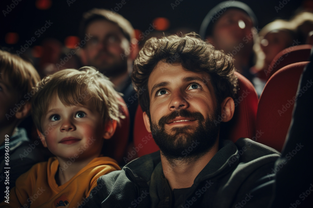 Curious father and son watching a movie in cinema