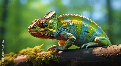 green iguana on a tree, green iguana on a tree branch, close-up of colored chameleon on the tree, close-up of a chameleon in the forest, colorful chameleon face © Gegham