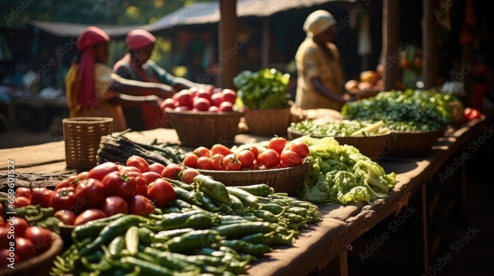 Fresh vegetables and fruits at a rural market.
