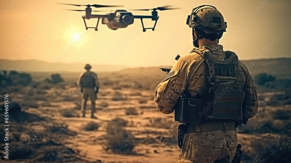 Soldiers are Using Drone for Scouting During Military Operation in war zone, Military mission concept.