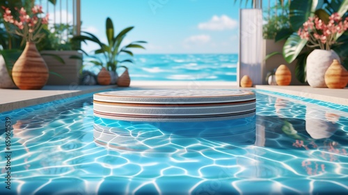 3D rendering round podium for your product showcase with surfboards and swimming buoy around. The mosaic tile floor is seen through the pool water photo