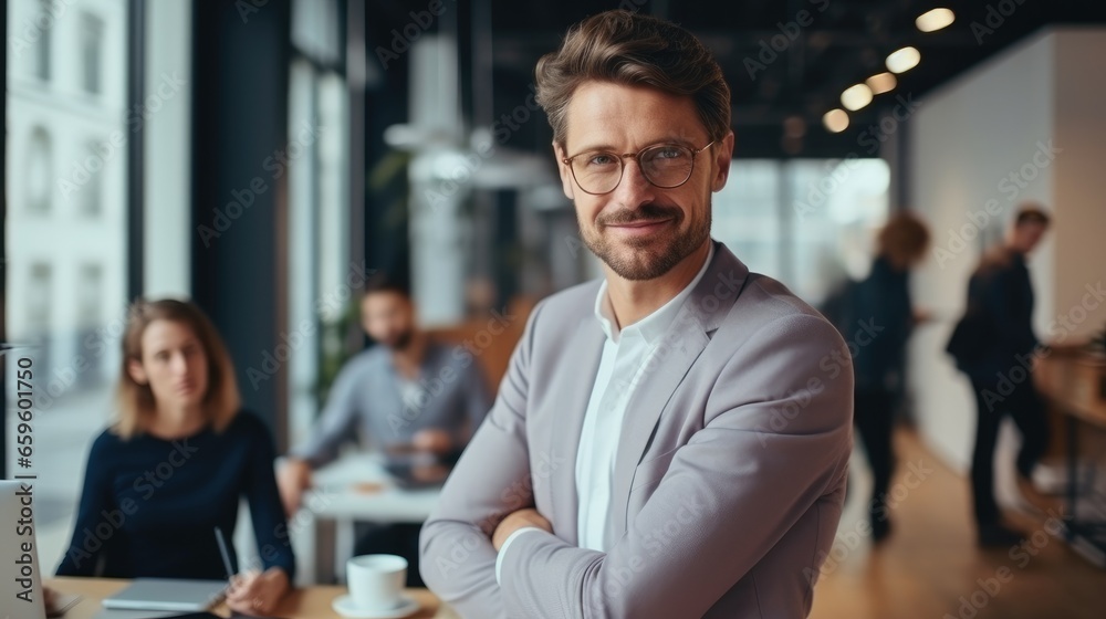 Successful business man standing in a boardroom with his team, Conference room modern design. Successful business man standing in a boardroom with his team, Conference room modern design.