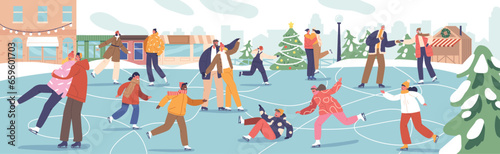 People Glide On Central City Rink Amidst The Urban Backdrop with Decorated Christmas Tree. Characters Embrace The Joy