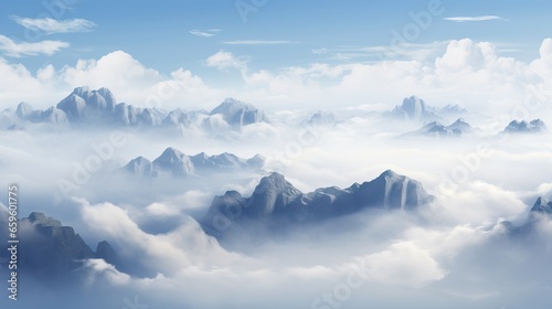  a view of a mountain range in the clouds from a plane.  generative ai