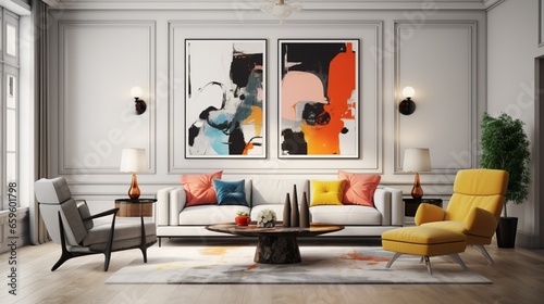 Adorn a living room with an abstract gallery wall and modernist furniture. It's a showcase of art and contemporary design.