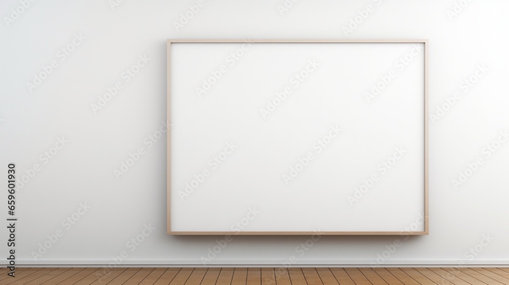 A minimalist room with an empty wooden frame centered on a white wall. A minimalist room with an empty wooden frame centered on a white wall.