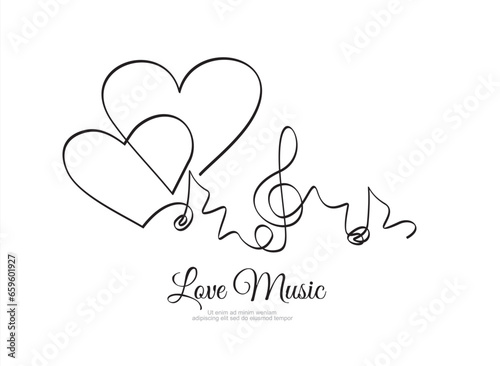 continuous line drawing of listening music wuth sound heart and note. Can used for logo, emblem, slide show and banner