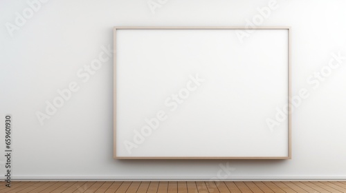 A minimalist room with an empty wooden frame centered on a white wall.