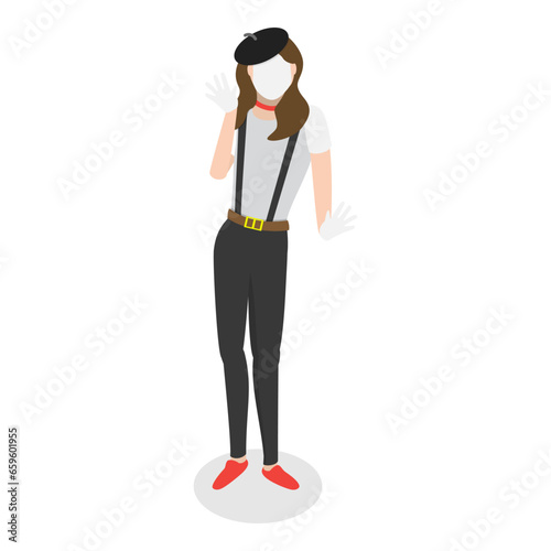 3D Isometric Flat Vector Set of Mime Actors, Showing Pantomime, Silent Street Performers. Item 2