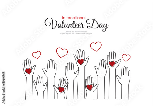 Continuous one line drawing of Hands with hearts. Raised hands volunteering concept. International volunteer day.