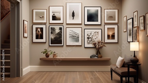 Appreciate a curated gallery wall in a neutral-toned hallway.
