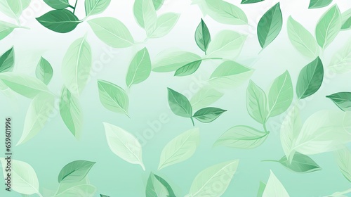  a green background with leaves flying in the air and a blue sky in the background.  generative ai
