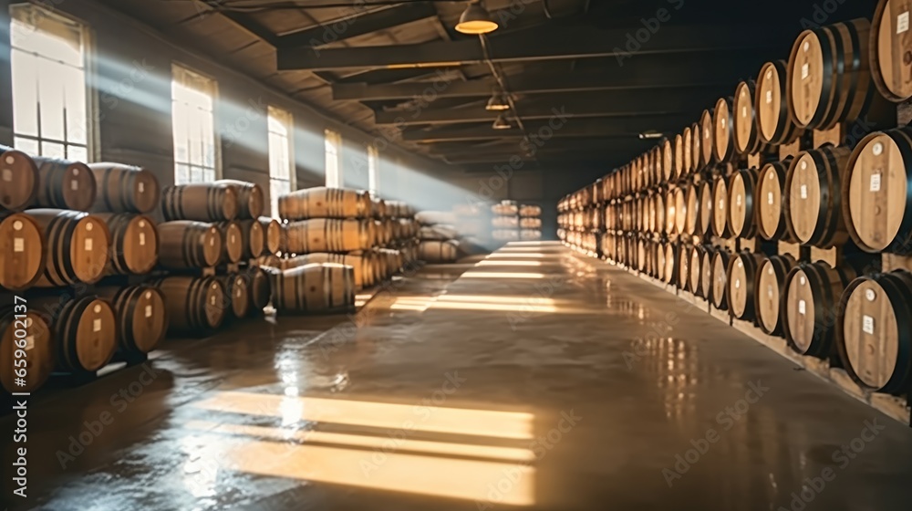 Wine cellar full of wooden barrels.