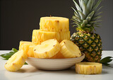 Soczysty ananas w pełnej krasie oraz jego pokrojone plastry. 