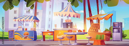Street food market in city park. Vector cartoon illustration of burger shop, bakery stall and cafe with coffee machine, tables and chairs against cityscape background, green trees and urban buildings