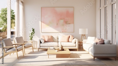 Bask in the sunlight in a living room adorned with soft pastel tones and minimalistic furniture.