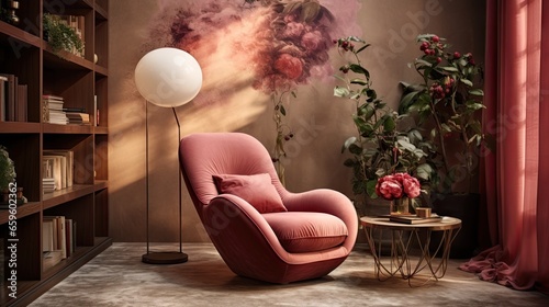  a living room with a pink chair and a white lamp. generative ai