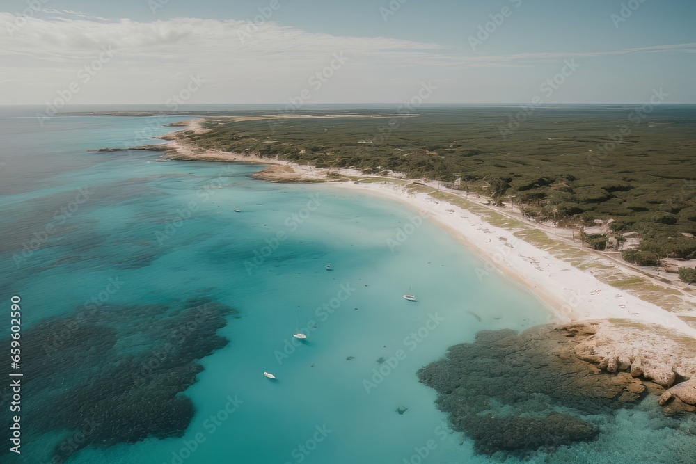 Illustration of Mediterranean-style paradise landscapes with turquoise sea and white sand seen from a drone