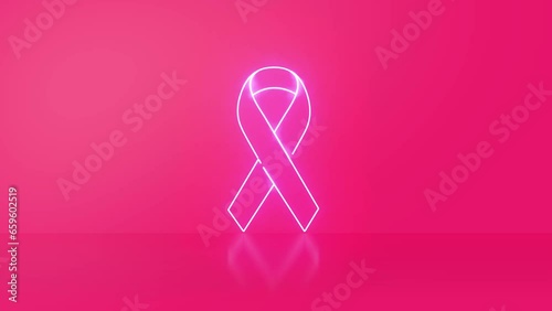 Pink ribbon breast cancer on pink background. Neon Light.