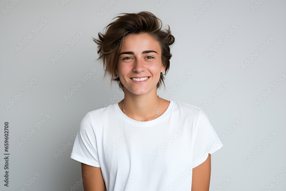 Smiling Portrait of a Young Beautiful Fictional Brunette Model Wearing Blank White T-Shirt. Isolated on a Plain Gray Colored Background. Generative AI. Smiling Portrait of a Young Beautiful Fictional Brunette Model Wearing Blank White T-Shirt. Isolated on a Plain Gray Colored Background. Generative AI.