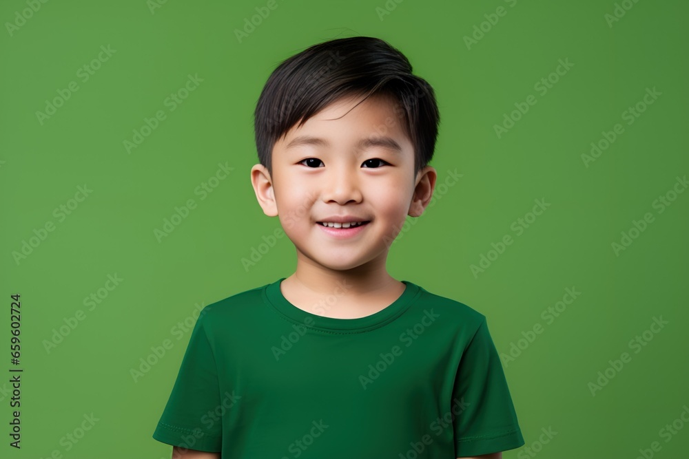 Smiling Portrait of a Young Fictional Asian Little Boy Wearing Blank Green T-Shirt. Isolated on a Plain Green Colored Background. Generative AI. Smiling Portrait of a Young Fictional Asian Little Boy Wearing Blank Green T-Shirt. Isolated on a Plain Green Colored Background. Generative AI.