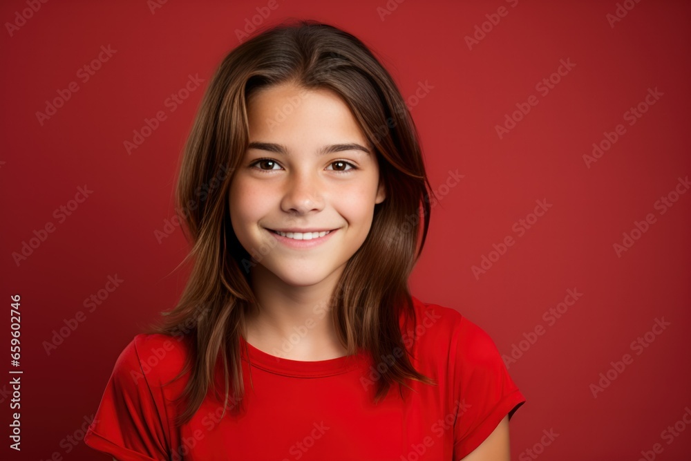Smiling Portrait of a Young Fictional Child Wearing Blank Red T-Shirt. Isolated on a Plain Red Colored Background. Generative AI. Smiling Portrait of a Young Fictional Child Wearing Blank Red T-Shirt. Isolated on a Plain Red Colored Background. Generative AI.