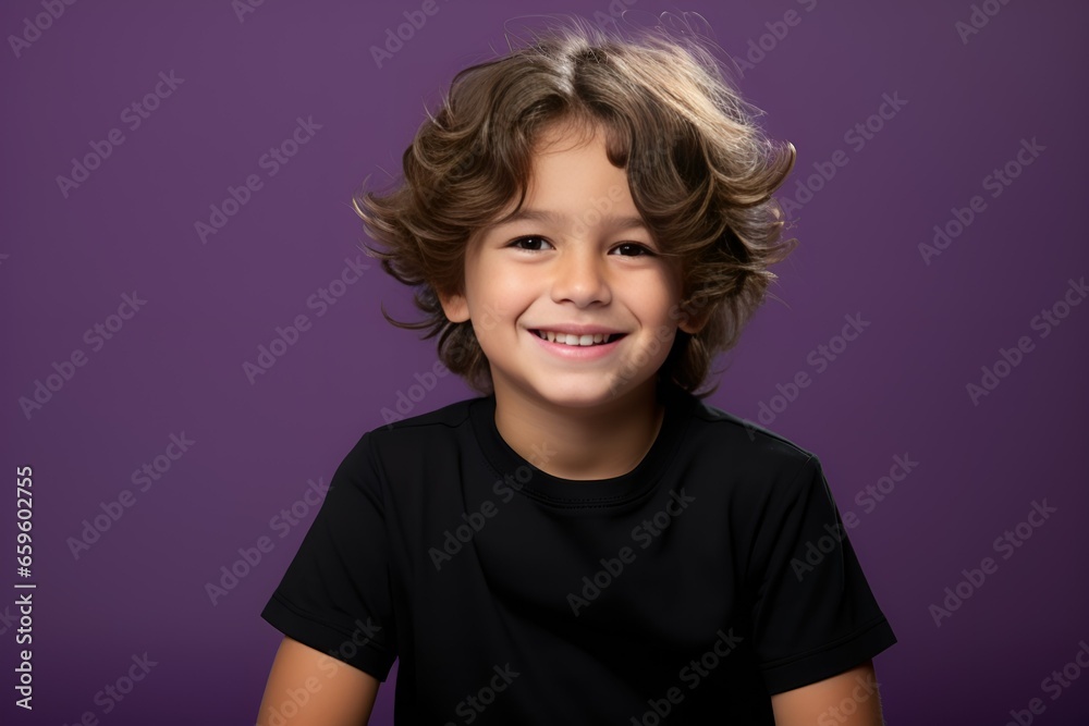 Smiling Portrait of a Young Fictional Child Wearing Blank Black T-Shirt. Isolated on a Plain Colored Purple Background. Generative AI. Smiling Portrait of a Young Fictional Child Wearing Blank Black T-Shirt. Isolated on a Plain Colored Purple Background. Generative AI.