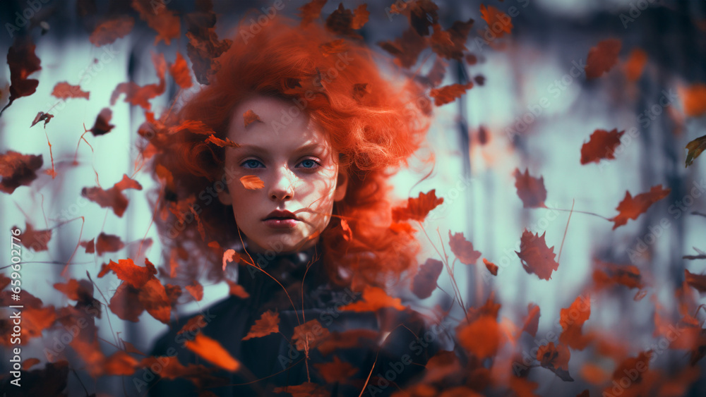 portrait of a beautiful red-haired young woman with autumn leaves flying in the wind. Visual digital art. unity of female beauty with nature.
