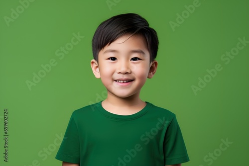 Smiling Portrait of a Young Fictional Asian Little Boy Wearing Blank Green T-Shirt. Isolated on a Plain Green Colored Background. Generative AI. 